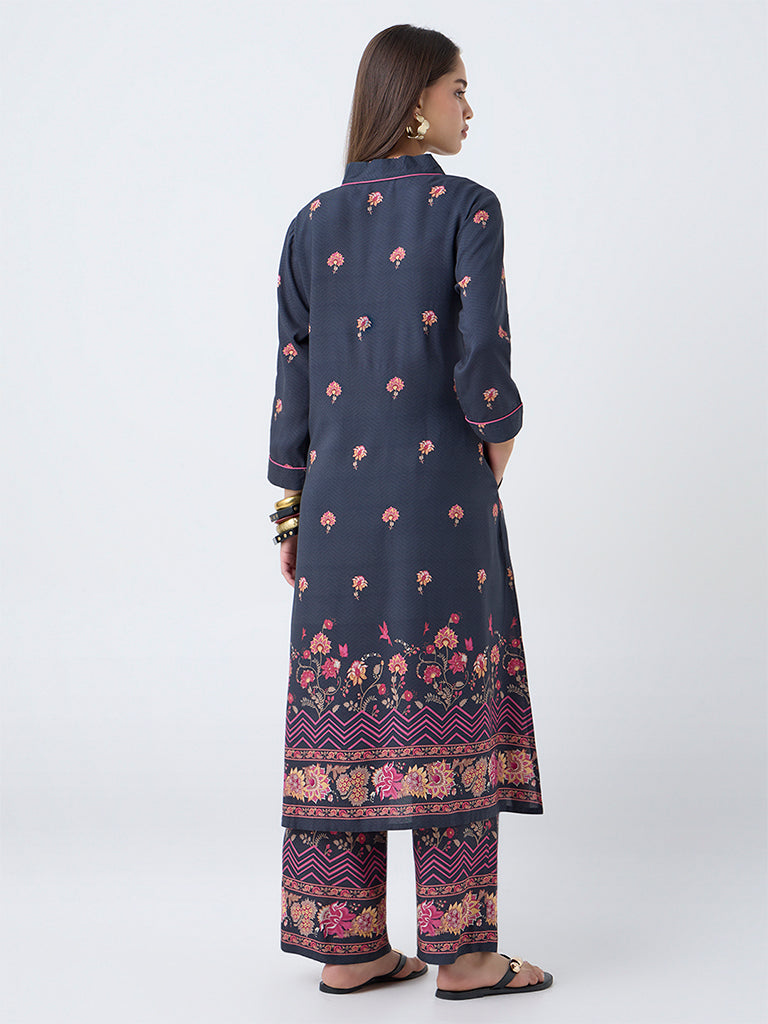 Utsa Black Floral Design Straight Kurta