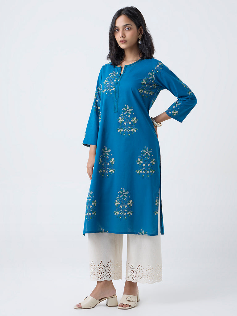 Utsa Blue Foliage Print Cotton Straight Kurta