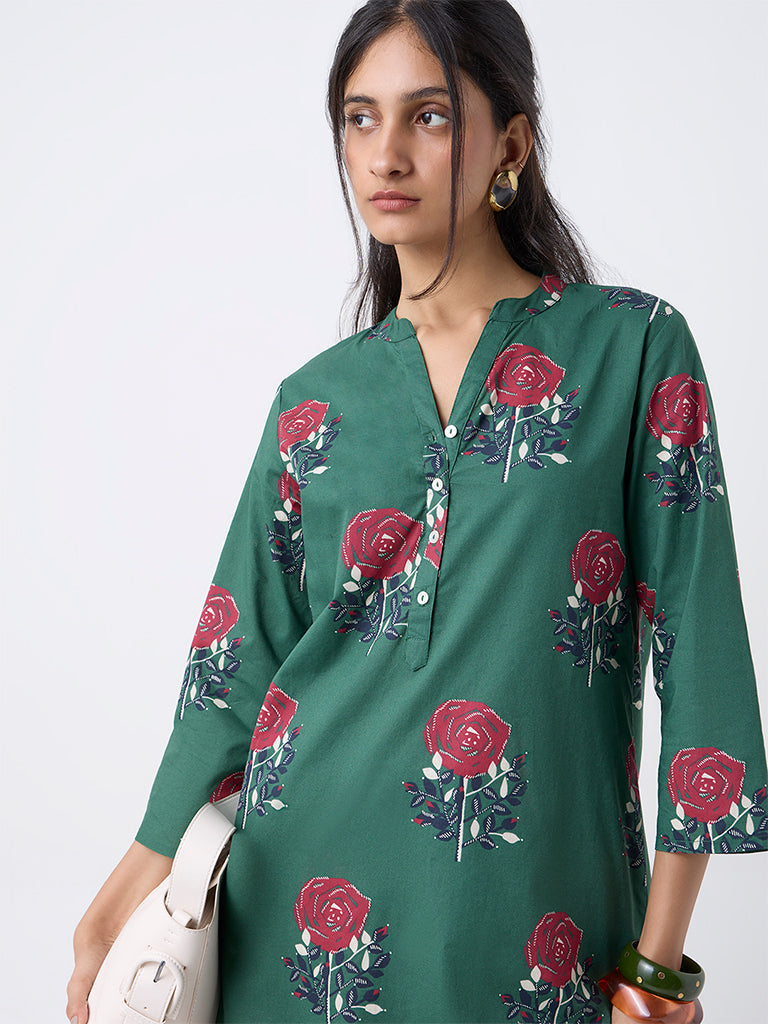 Utsa Green Floral Butta Print Cotton Straight Kurta