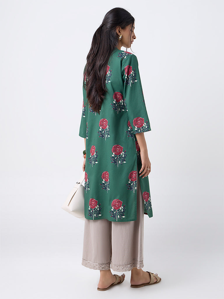 Utsa Green Floral Butta Print Cotton Straight Kurta