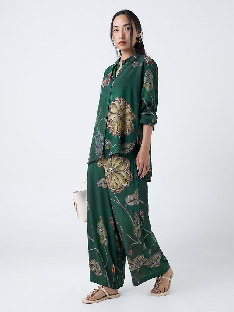 Utsa Dark Green Botanical Pattern Palazzos