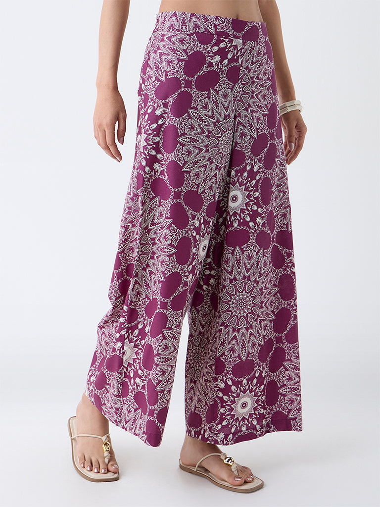 Utsa Plum Printed Palazzos