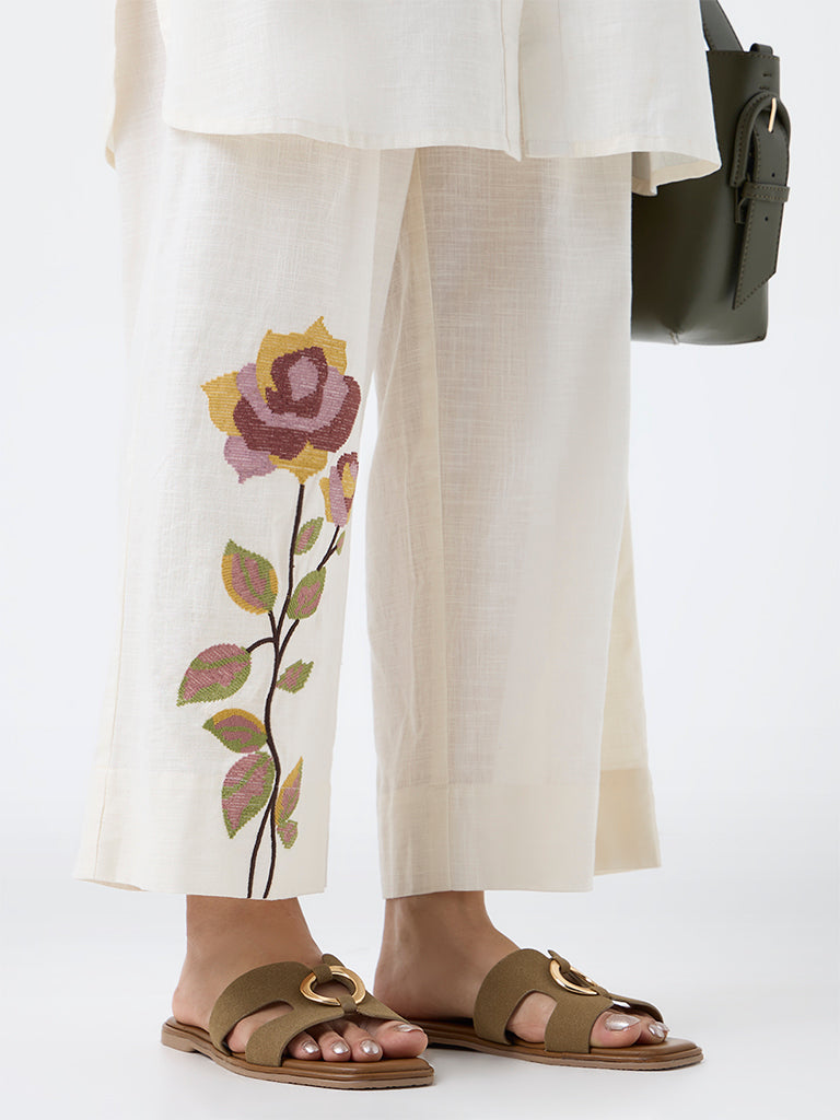 Utsa Off-White Floral Embroidered Cotton Pants