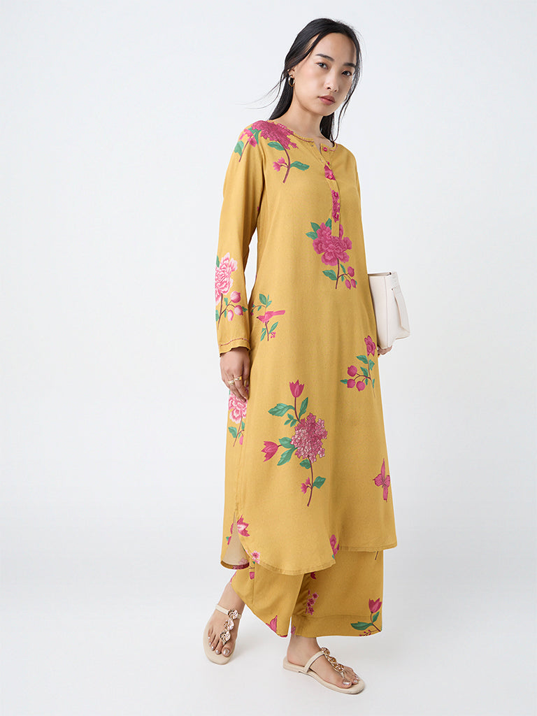 Utsa Mustard Floral Printed Pants
