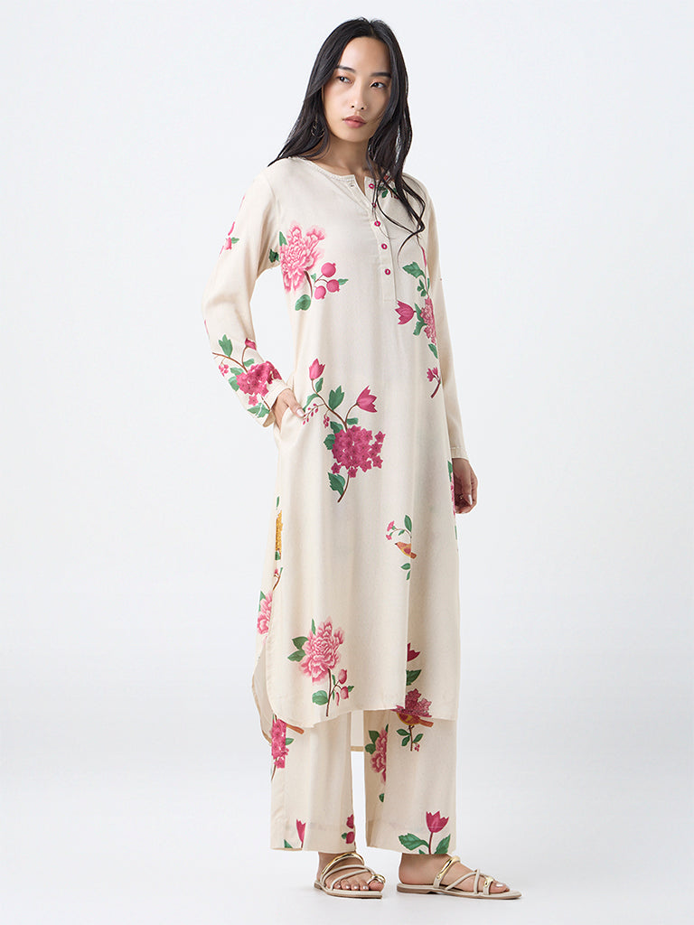 Utsa Cream Botanical Design Pants