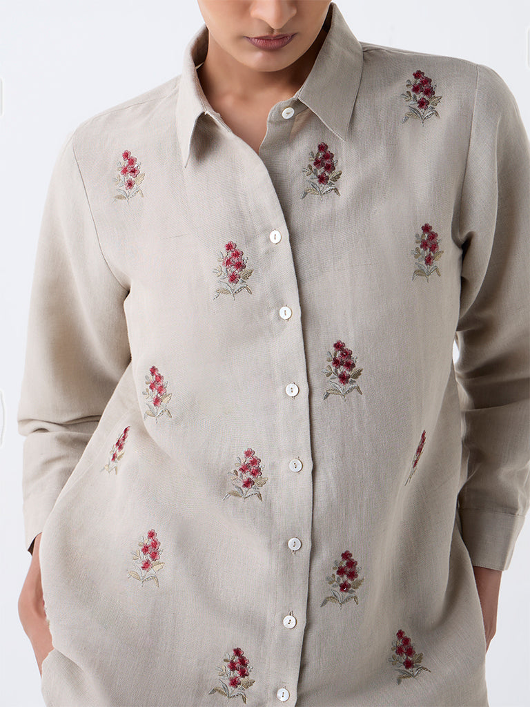 Zuba Taupe Floral Embroidered Linen-Blend Tunic