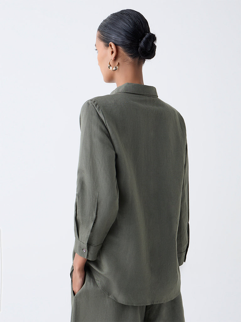 Zuba Olive Floral Embroidered Linen-Blend Tunic