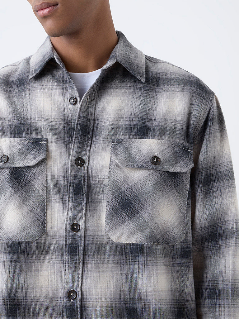 Nuon Black Check Pattern Relaxed-Fit Cotton-Blend Shirt