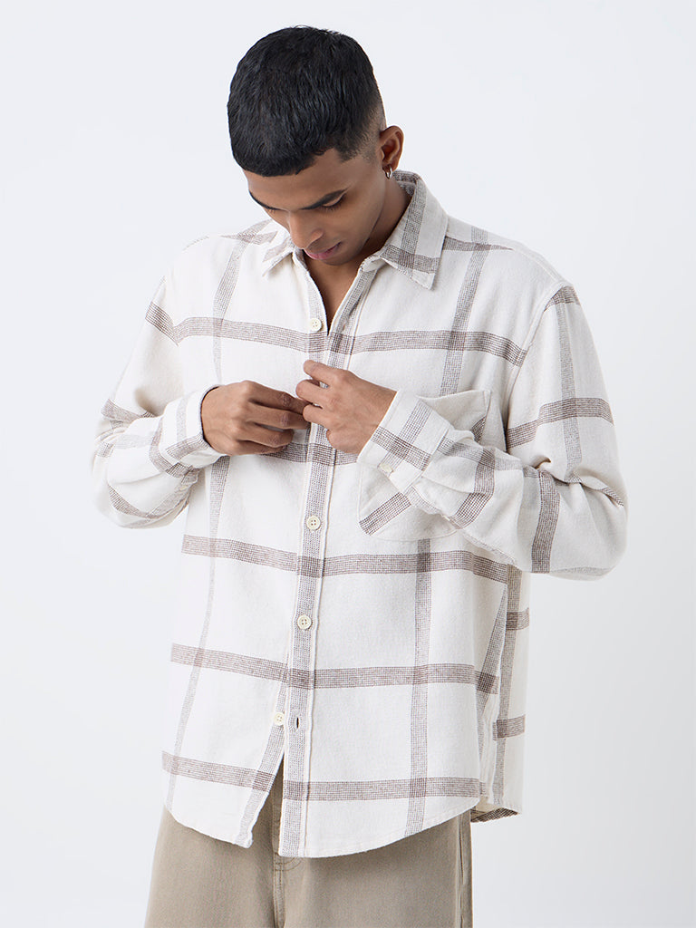Nuon Beige Checks Printed Relaxed-Fit Cotton Shirt