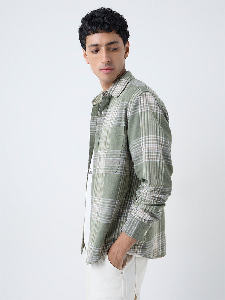 Nuon Green Checkered Relaxed-Fit Cotton Shirt