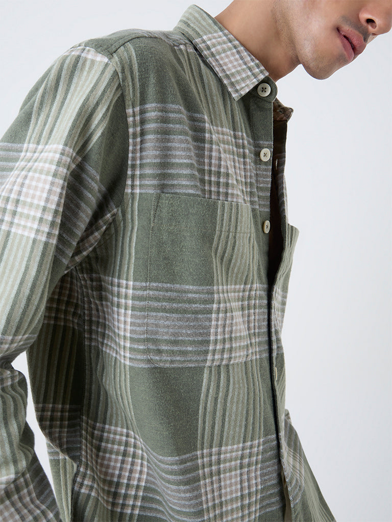 Nuon Green Checkered Relaxed-Fit Cotton Shirt