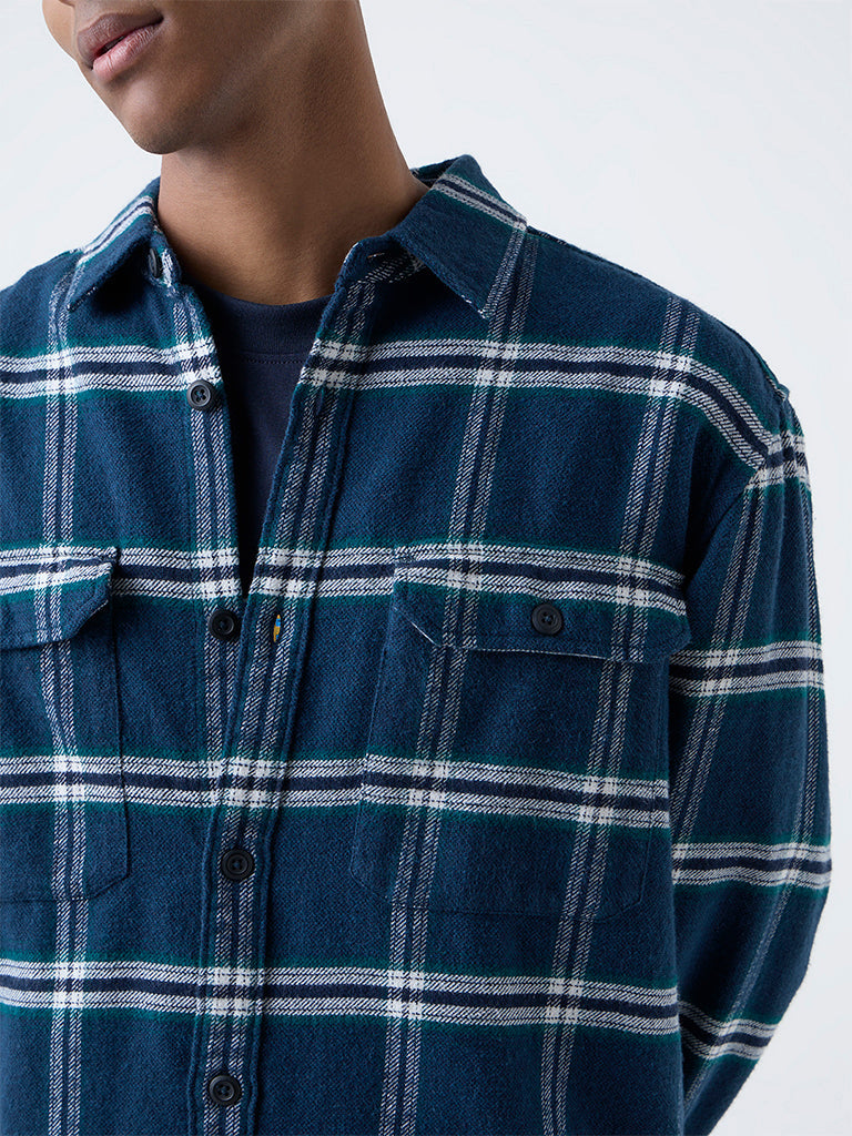 Nuon Dark Blue Checkered Relaxed-Fit Cotton Shirt