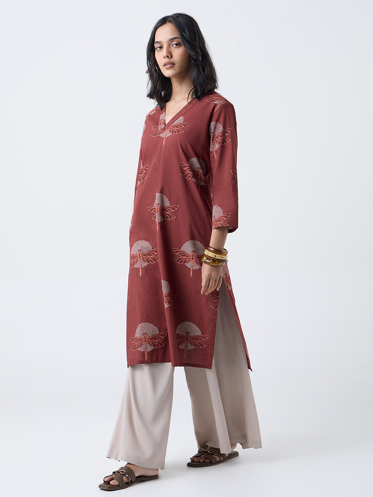 Utsa Brown Dragonfly Print Straight Cotton Kurta