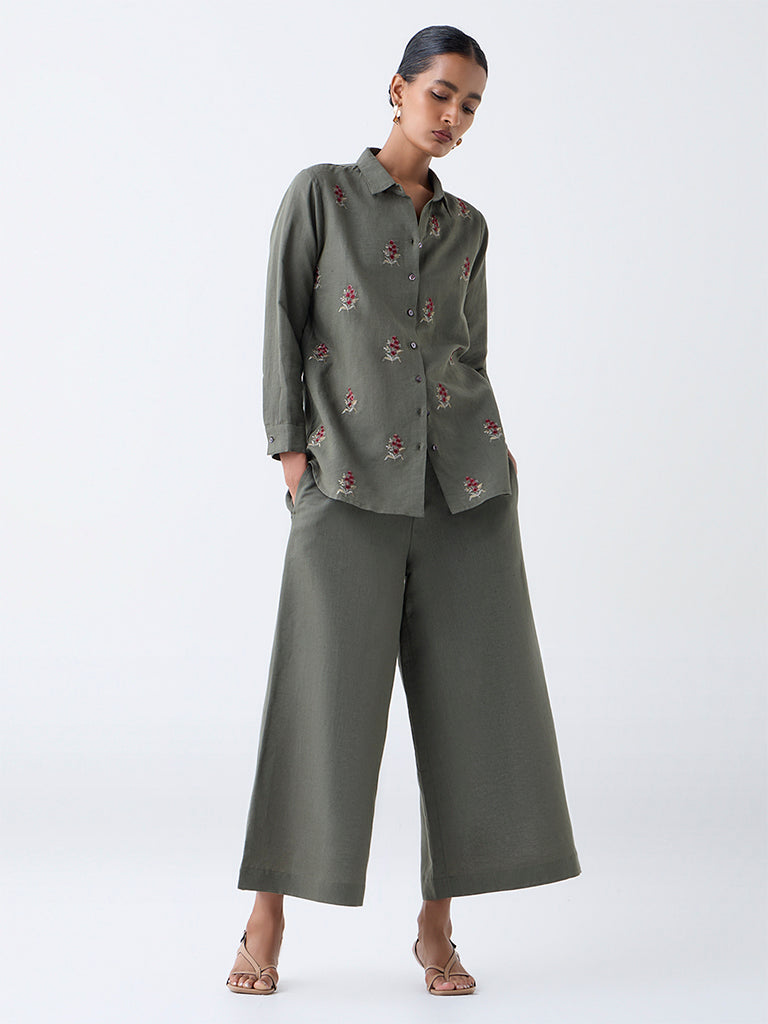 Zuba Olive Solid Linen-Blend Ethnic Pants
