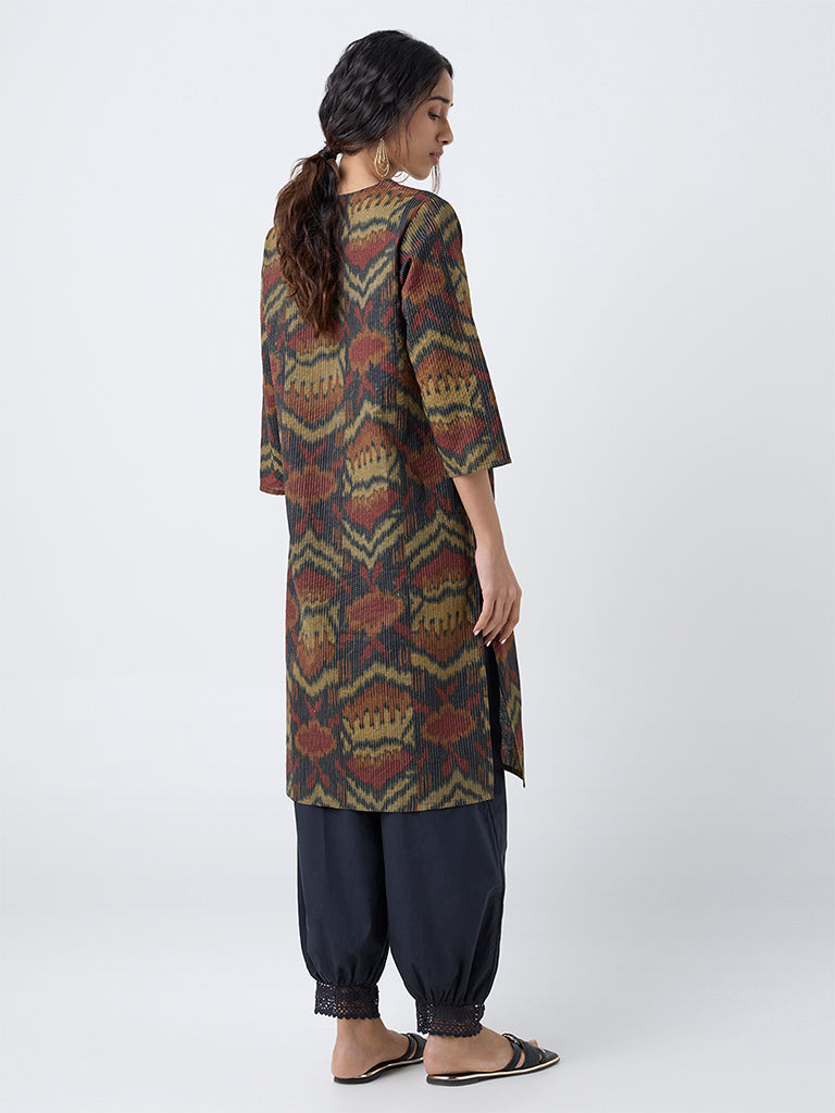 Utsa Multicolour Ikat Pattern Cotton-Blend Straight Kurta