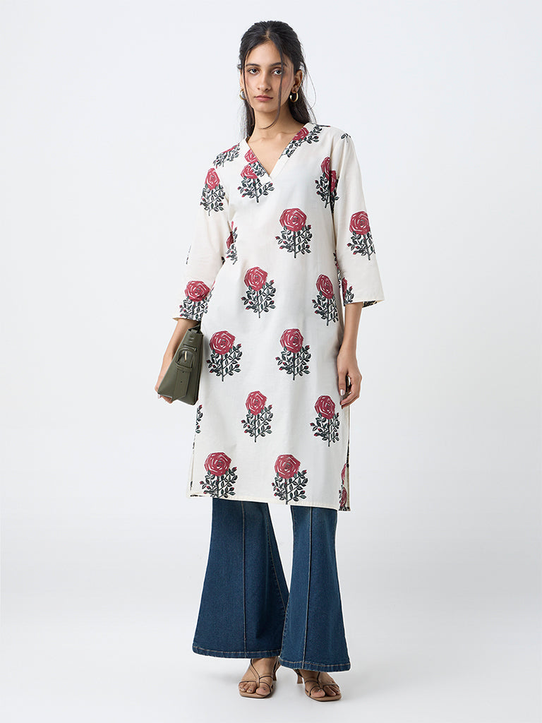 Utsa Off-White Floral Butta Print Cotton Straight Kurta
