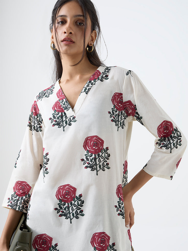 Utsa Off-White Floral Butta Print Cotton Straight Kurta