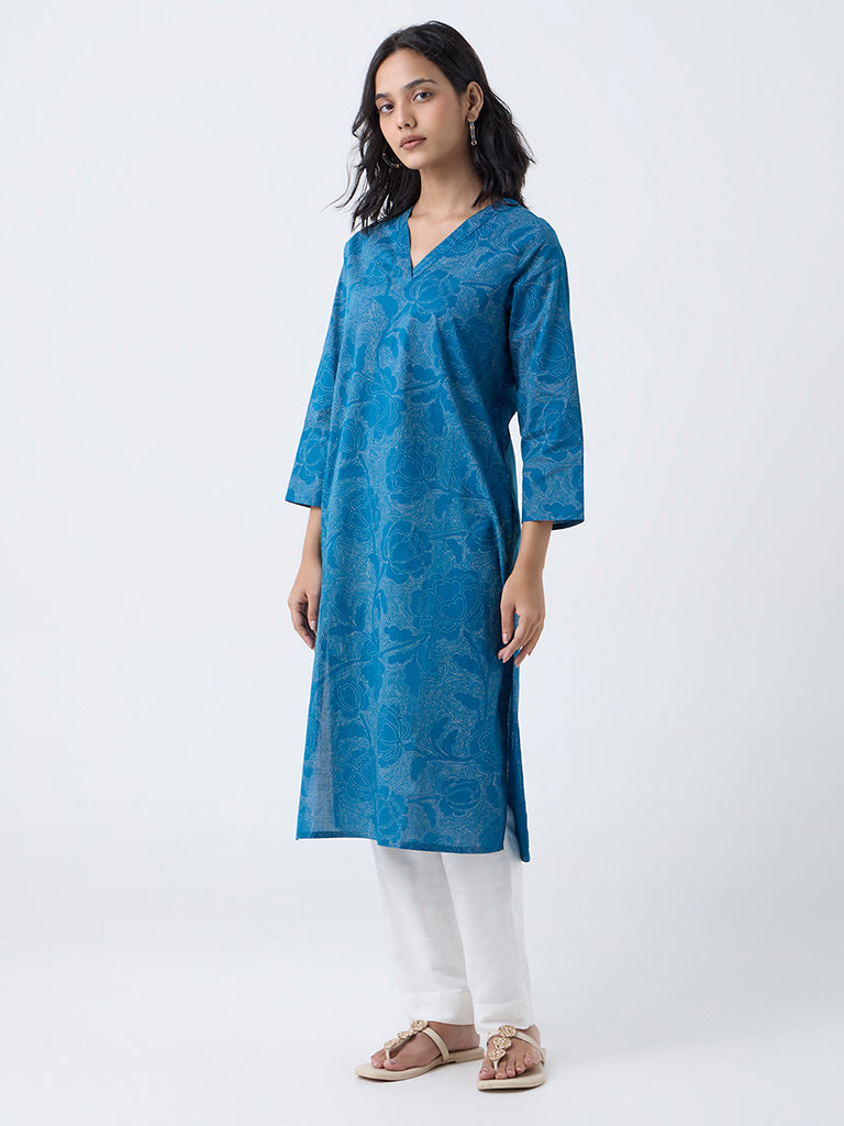 Utsa Blue Floral Design Cotton Straight Kurta