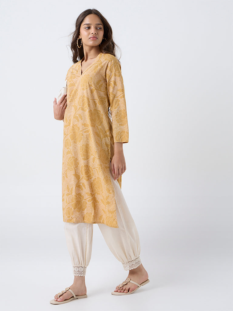 Utsa Mustard Floral Pattern Cotton Straight Kurta