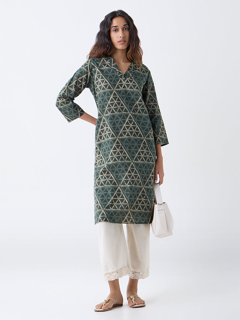 Utsa Sage Geometric Printed Straight Cotton Kurta