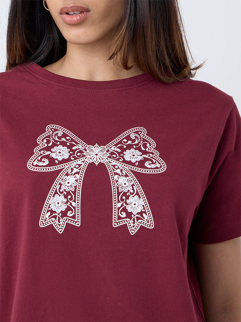 LOV Burgundy Printed Cotton T-Shirt
