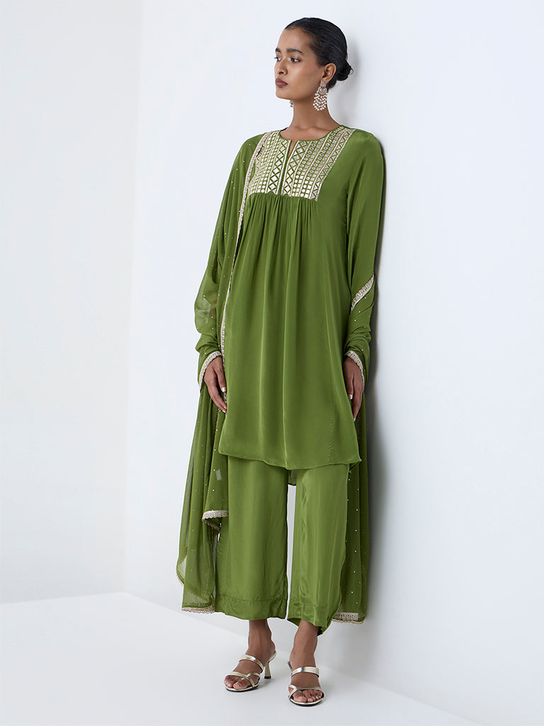 Vark Green Mirror-Detailed Fit-and-Flare Ethnic Set