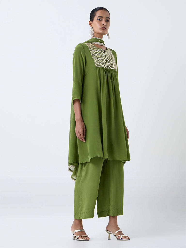 Vark Green Mirror-Detailed Fit-and-Flare Ethnic Set