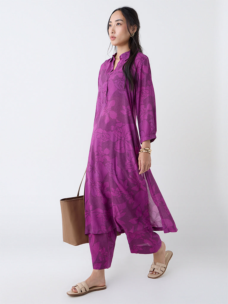 Utsa Plum Floral Pattern Cotton A-Line Kurta