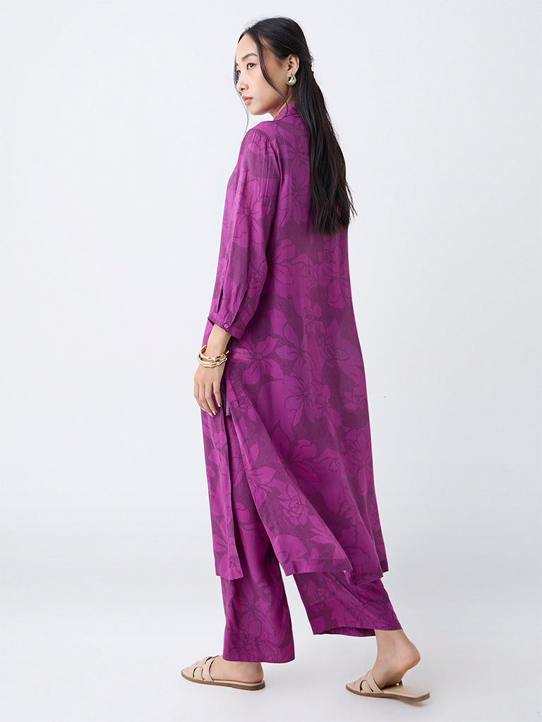 Utsa Plum Floral Pattern Cotton A-Line Kurta