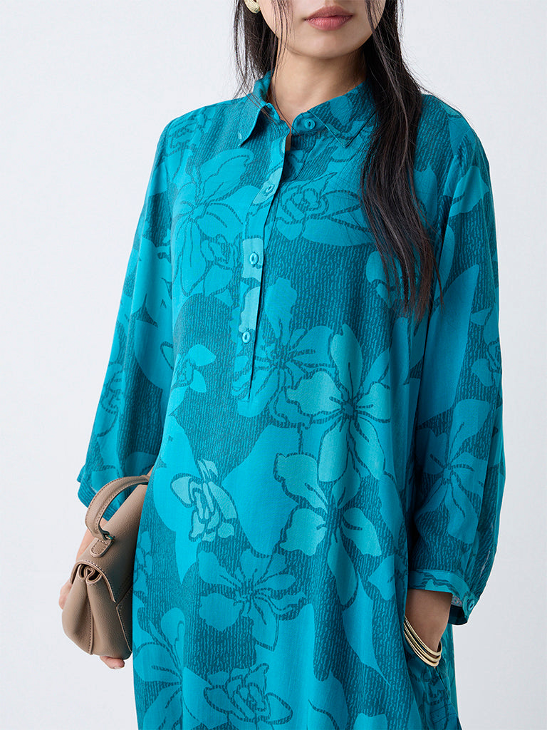 Utsa Teal Floral Printed Cotton A-Line Kurta