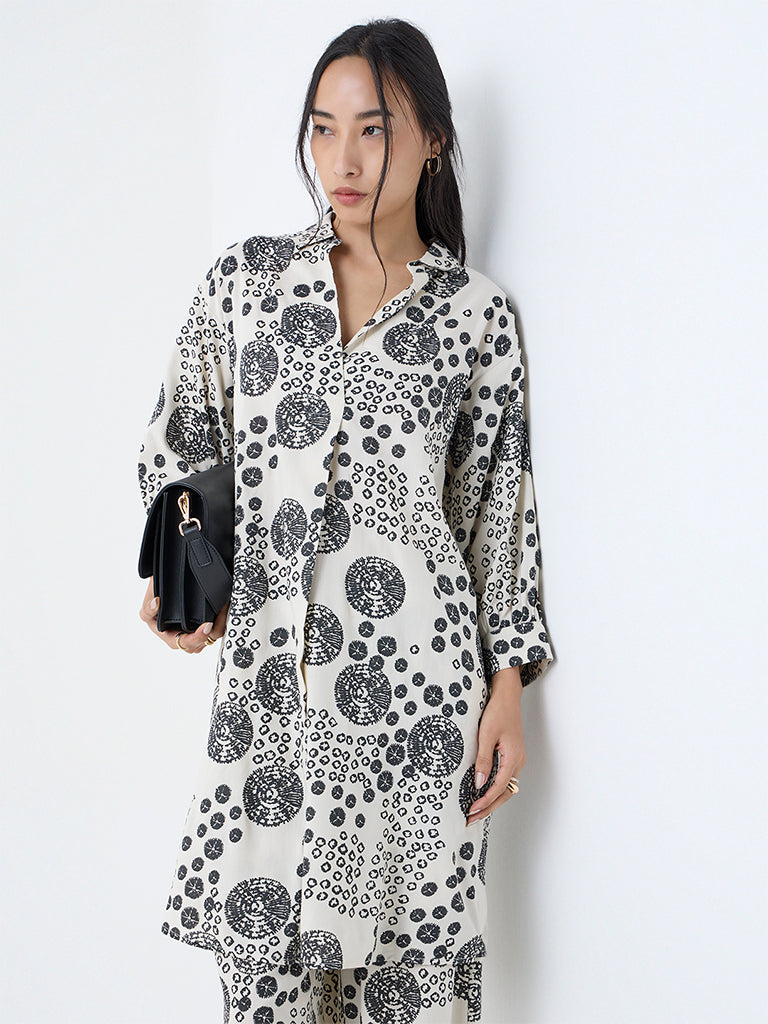 Utsa Off-White Shibori Printed A-Line Kurta