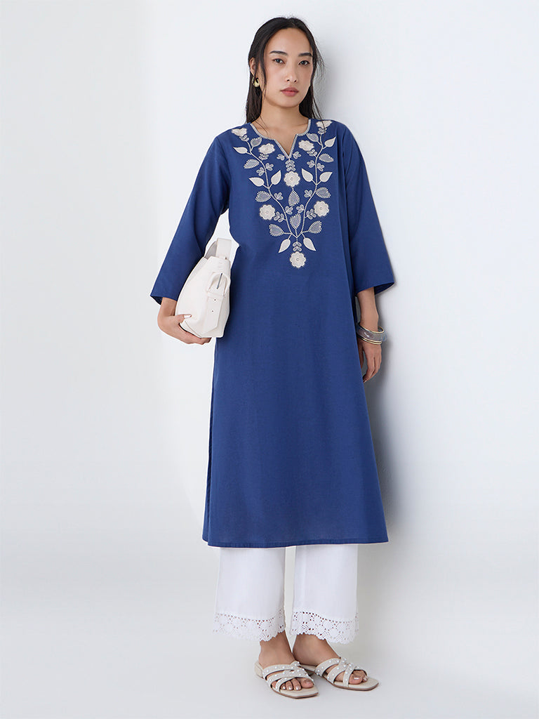 Utsa Indigo Floral Embroidered Cotton-Blend A-Line Kurta