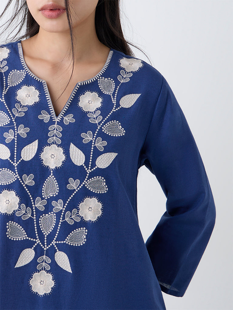 Utsa Indigo Floral Embroidered Cotton-Blend A-Line Kurta