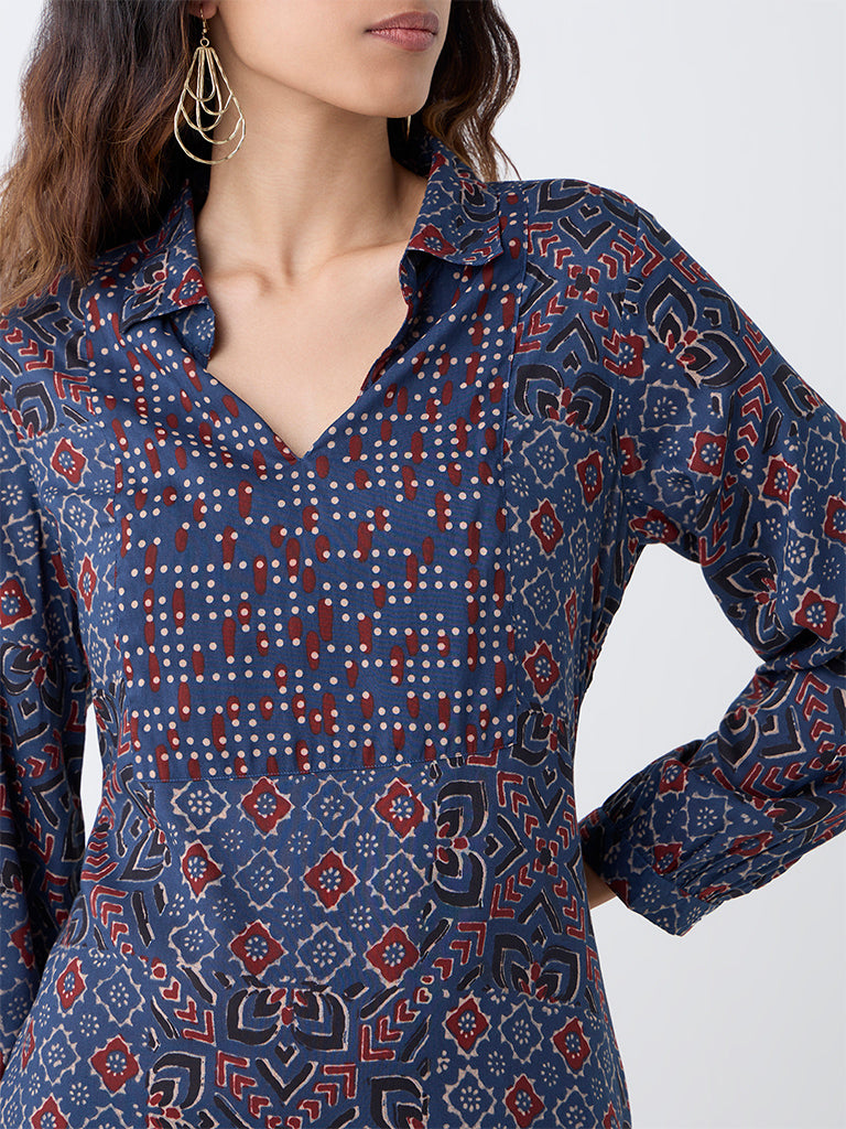 Utsa Indigo Geometric Pattern A-Line Cotton Kurta