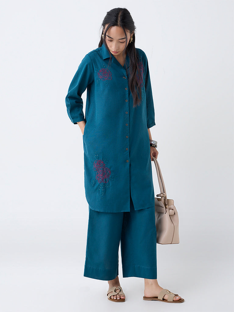 Utsa Teal Cotton-Blend Ethnic Pants