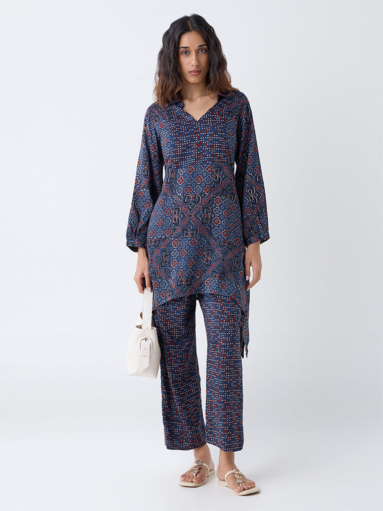 Utsa Indigo Geometric Printed Cotton Palazzos