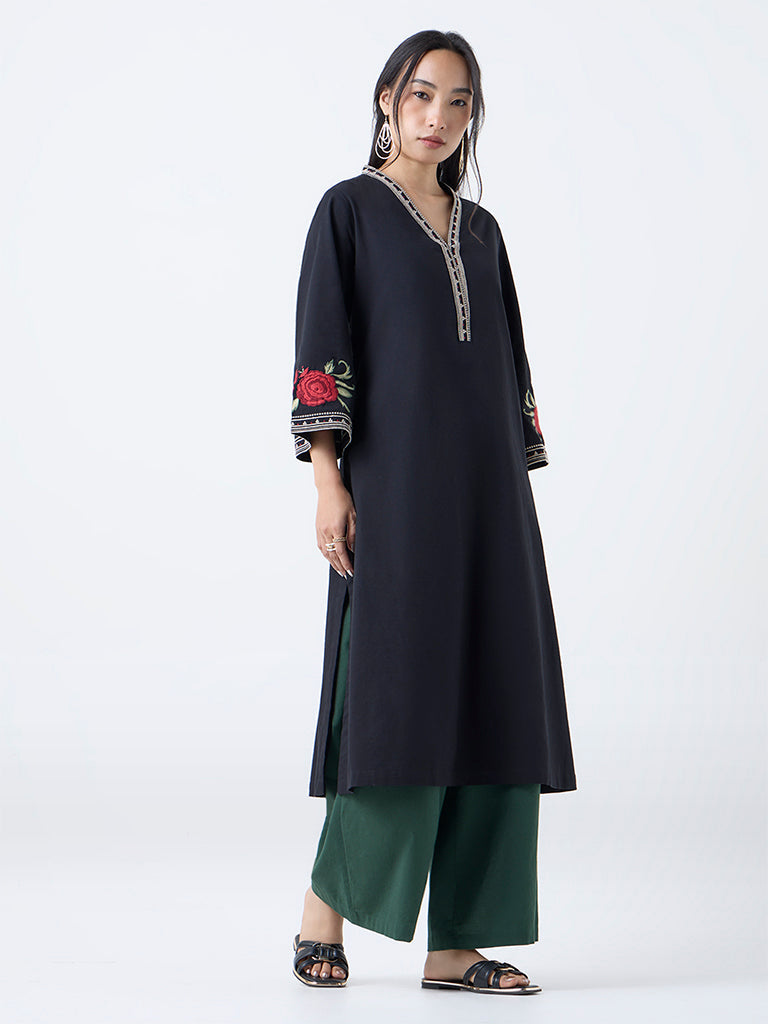 Utsa Black Floral Embroidered Cotton-Blend A-Line Kurta
