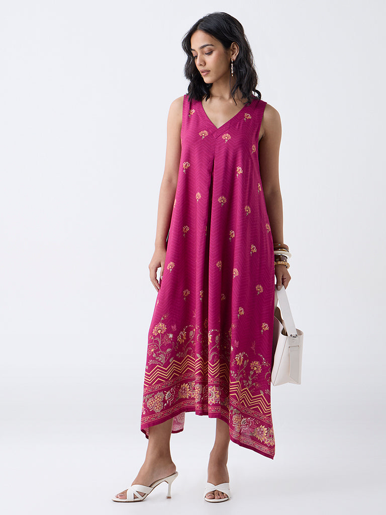 Utsa Magenta Floral Design A-Line Dress