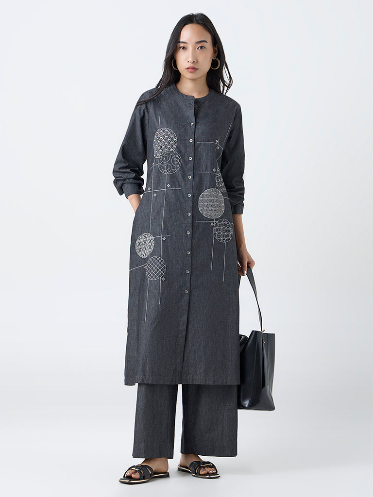 Utsa Black Geometric Design Denim A-Line Kurta
