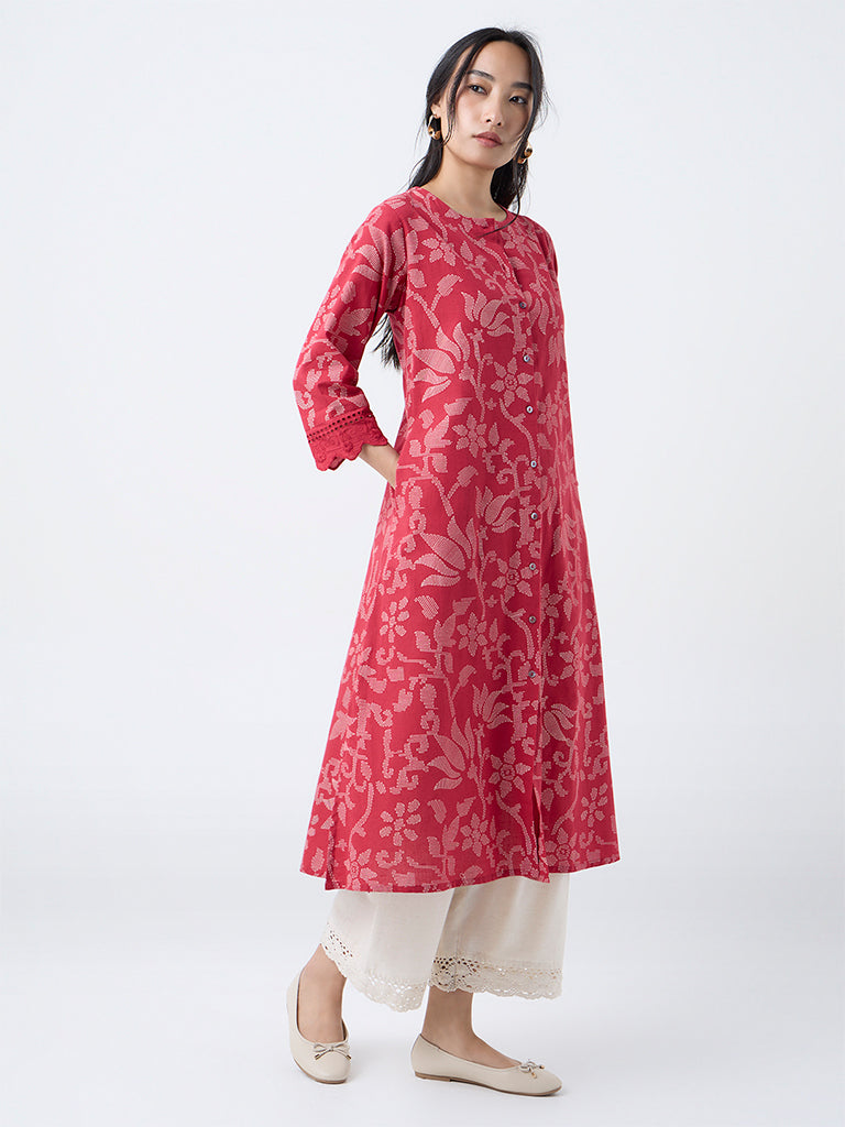 Utsa Red Floral Detailed Cotton-Blend A-Line Kurta