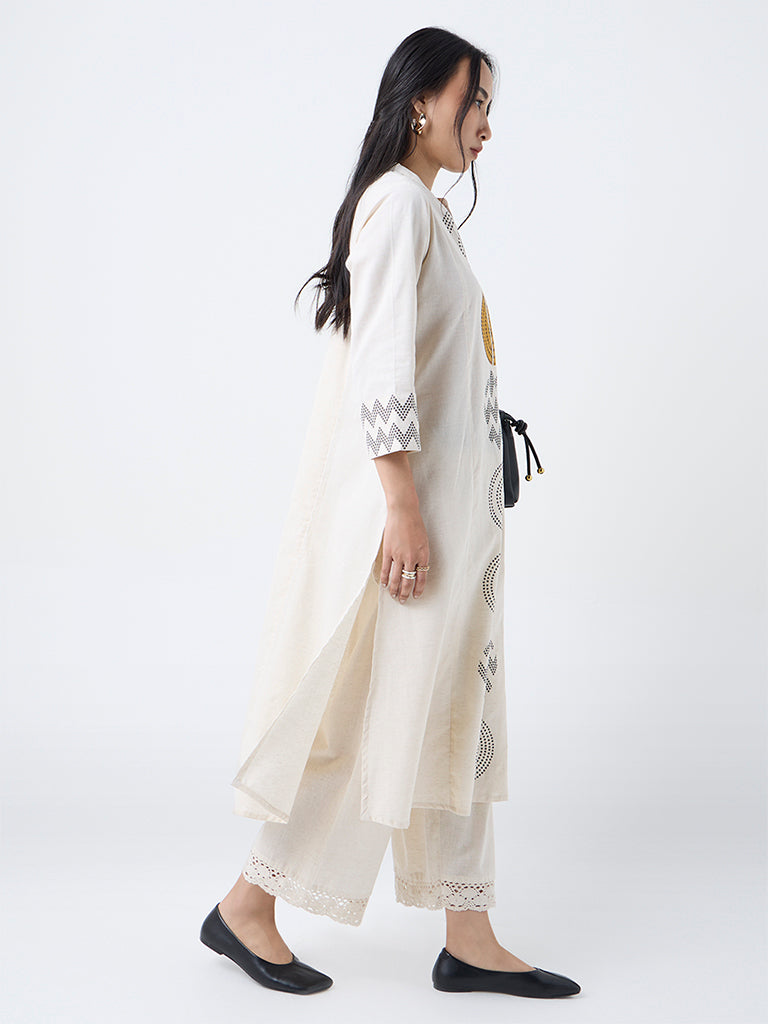 Utsa Off-White Geometric Design Cotton-Blend A-Line Kurta