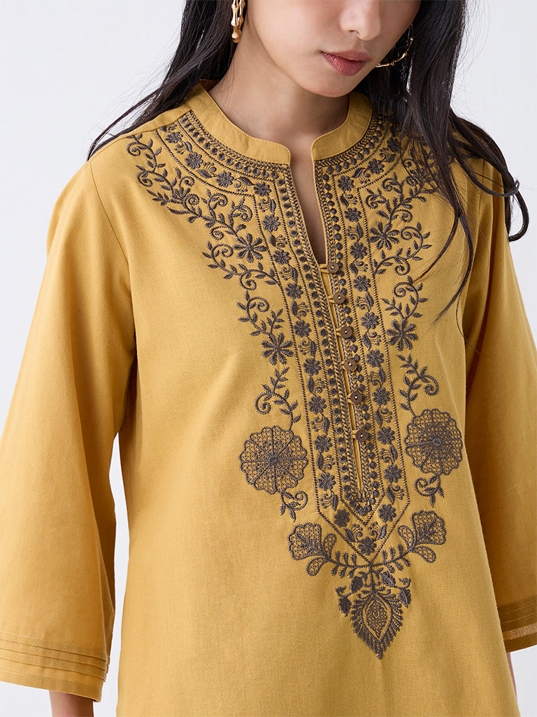 Utsa Mustard Embroidered Cotton-Blend A-Line Kurta