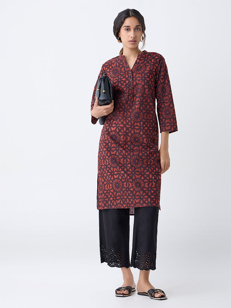 Utsa Rust Geometric Printed Straight Cotton Kurta