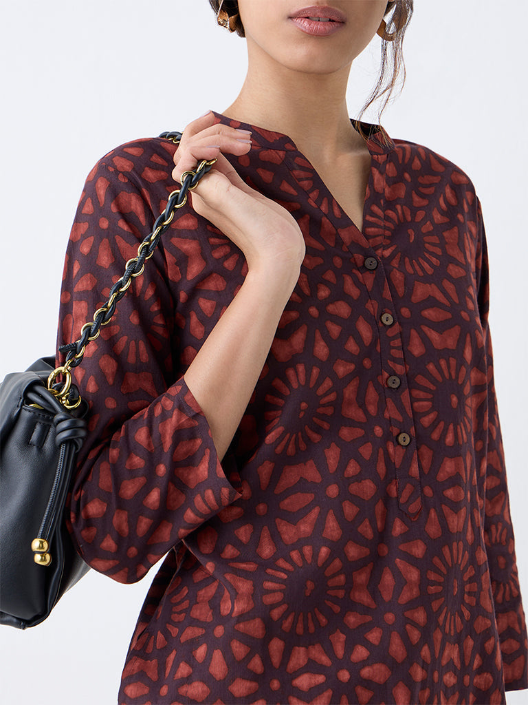 Utsa Rust Geometric Printed Straight Cotton Kurta