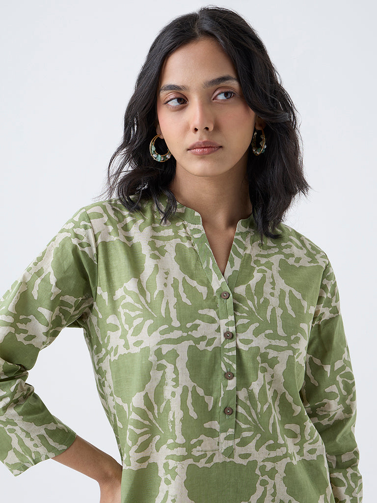 Utsa Green Printed Cotton Straight Kurta