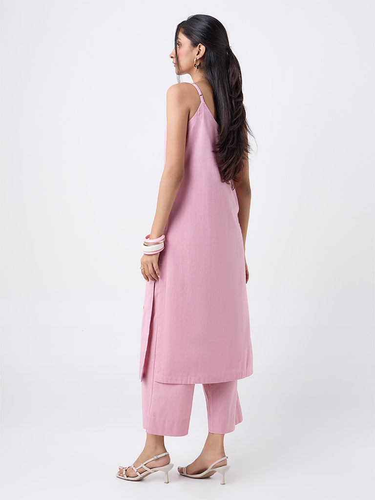 Utsa Dusty Pink Embroidered Cotton-Blend A-Line Kurta