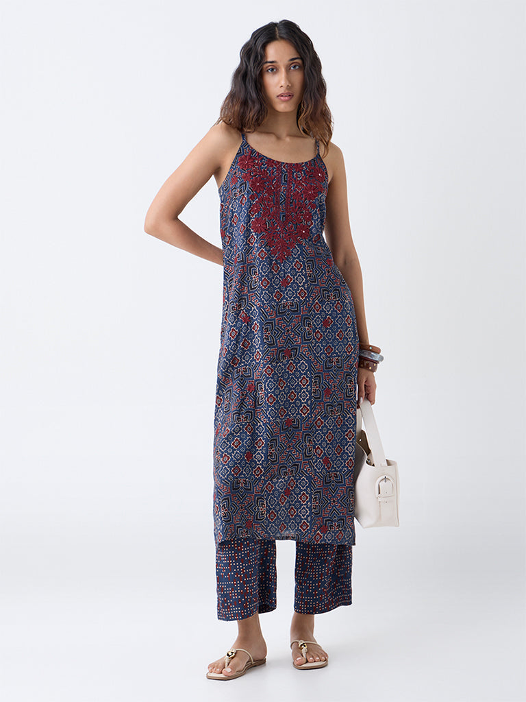 Utsa Indigo Floral Embroidered Straight Kurta