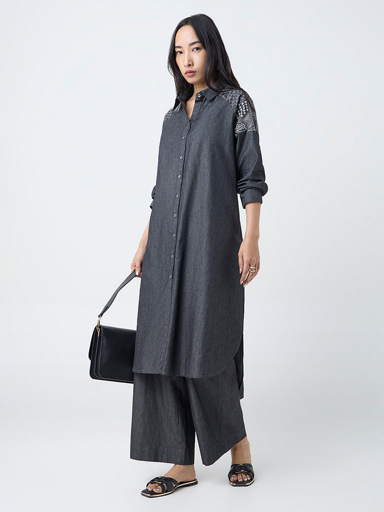 Utsa Black Embroidered Denim A-Line Kurta