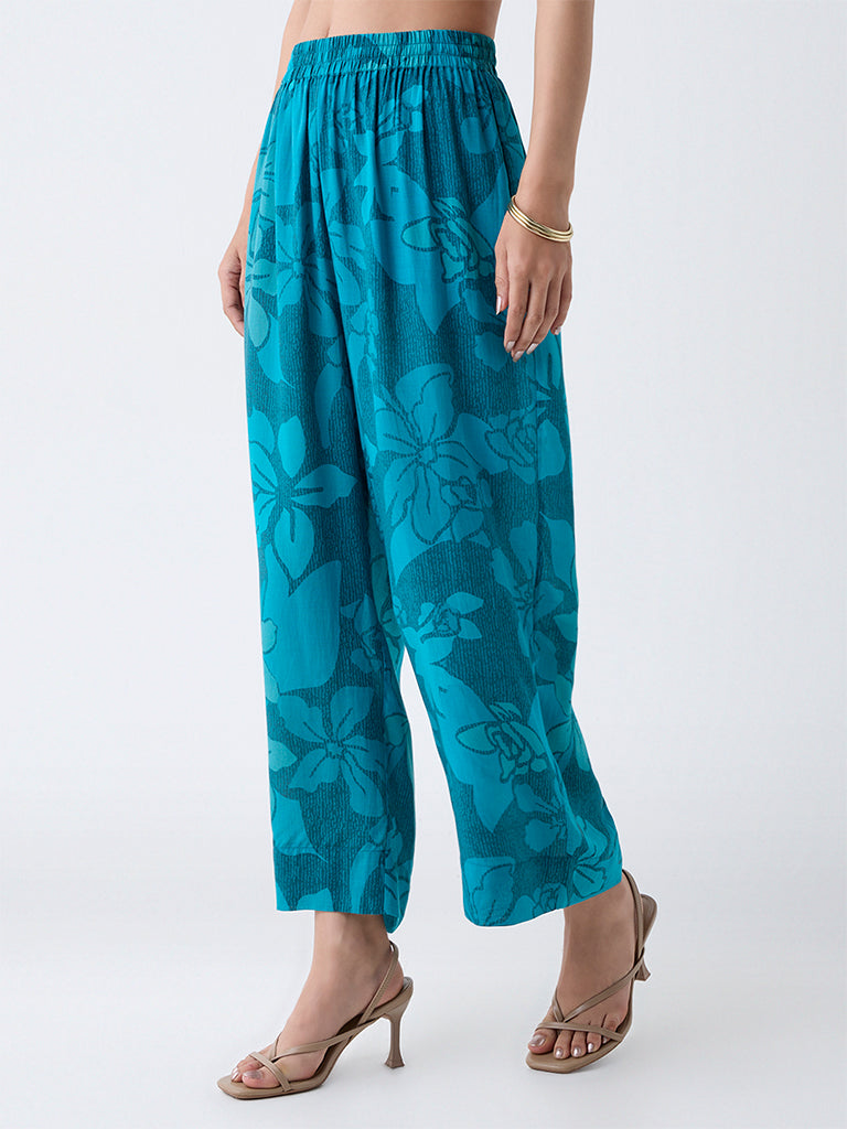 Utsa Teal Floral Pattern Cotton Ethnic Pants
