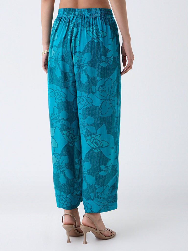Utsa Teal Floral Pattern Cotton Ethnic Pants